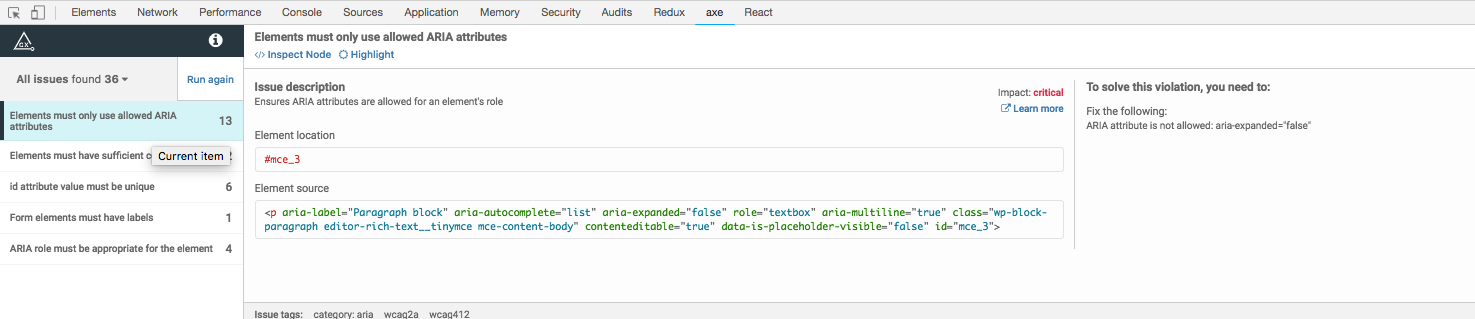 aXe accessibility testing results for Gutenberg showing a lot of critical issues.