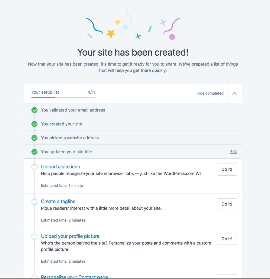 Post-site creation user on-boarding screen for WordPress.com